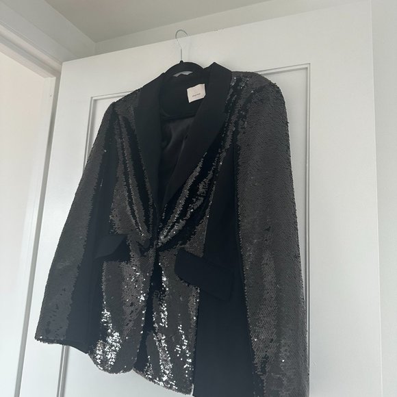 Cinq à Sept Sequins Blazer Jacket Complementary Satin Lapel Collar Black - Picture 3 of 8